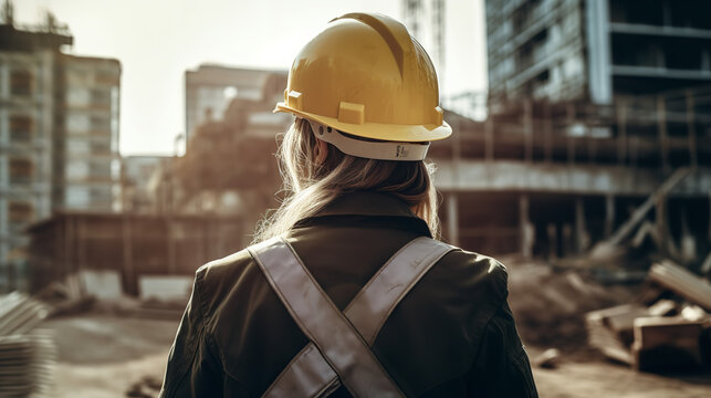A female builder or construction worker, facing away from the camera, observing the progress of a construction project at a job site. Showcasing the professionalism and expertise of women in the const