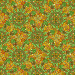 seamless pattern design with a stacked mandala in yellow and green colors