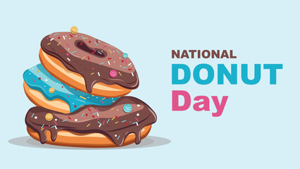 National donut day social media post and advertisement card with assorted delicious donuts on light background. Vector illustration banner