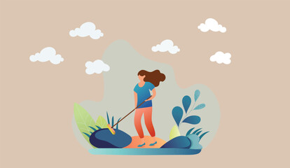 Happy woman cleaning up city street. Young ecologist, volunteer or eco activist picking up and disposing garbage in park. Community service work. Flat cartoon vector illustration.