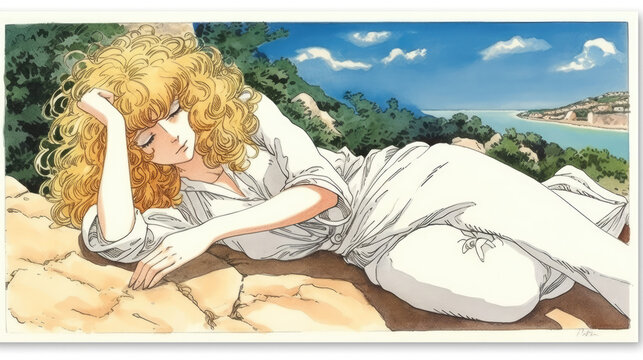 blond woman sunbathing drawing - by generative ai