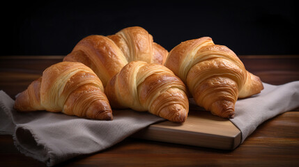 Croissants close-up on a wooden table on a dark background. AI generated