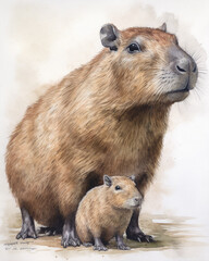 Obraz premium Generative AI, watercolor illustration of small and big capybara, capybara family, son and father, mother and child, card, father's day, animals, zoology, cute
