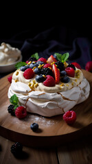 Close-up on Pavlova dessert decorated with fruits and berries, AI generative sweets