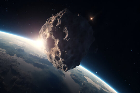 A huge asteroid comet approaching the planet Earth, a collision could cause extinction and annihilation in a catastrophic event for our world, computer Generative AI stock illustration image