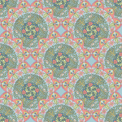 seamless pattern design with a stacked colored mandala with birds
