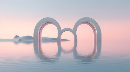 3d render, abstract zen seascape background. Nordic surreal scenery with geometric mirror arches, calm water and pastel gradient sky. Futuristic minimalist wallpaper