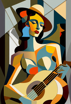 Afro-American female musician guitarist playing an acoustic guitar in an abstract cubist style painting for a poster or flyer, computer Generative AI stock illustration image