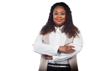 Arms crossed, portrait or black woman with confidence isolated on transparent png background. Entrepreneur, smile or happy African person standing with positive mindset or motivation for company