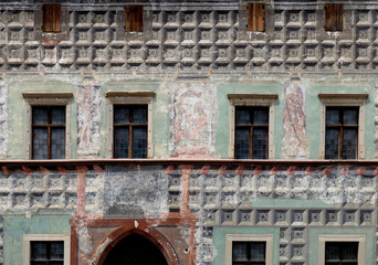 Fototapeta na wymiar Frescoes on the facade of medieval house in Levoca Slovakia