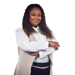 Corporate black woman in portrait, smile with arms crossed isolated on transparent, png background. Happiness, mission and professional mindset, female person in business, pride and career success