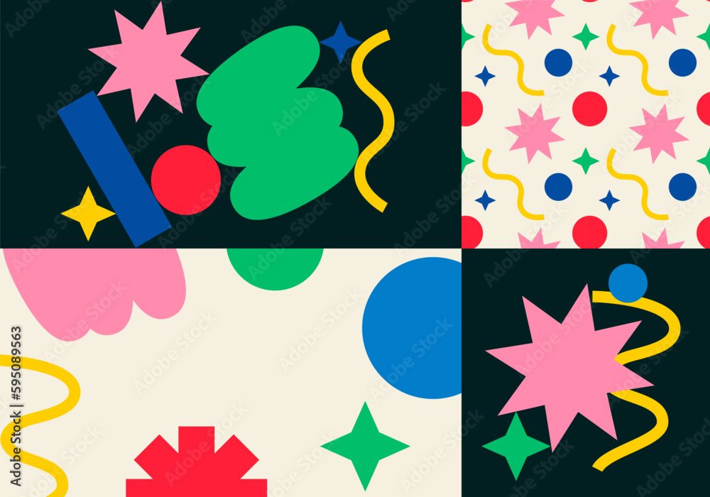 Aufkleber Bright Abstract Doodle Shapes. Vector Memphis Geometric Pattern. Colored Vector Compositions in Cartoon Style. Modern Flat Graphic Design for Poster and Placard. Funny Contemporary Art