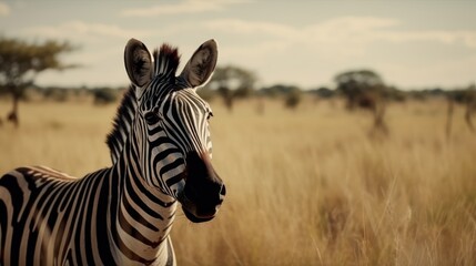 Fototapeta na wymiar Zebra in a cinematic savanna background with beautiful colors generative ai