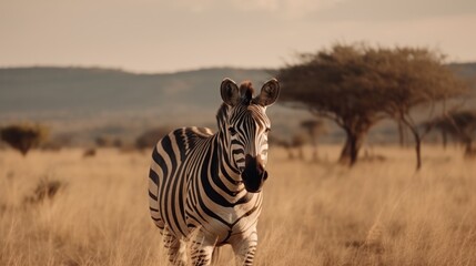 Zebra in a cinematic savanna background with beautiful colors generative ai