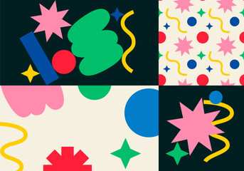 Bright Abstract Doodle Shapes. Vector Memphis Geometric Pattern. Colored Vector Compositions in Cartoon Style. Modern Flat Graphic Design for Poster and Placard. Funny Contemporary Art