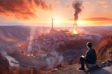 Obraz premium Tiny human figure meditates on the edge of a cliff over a valley with industrial town and smoke from chimneys, AI generative.