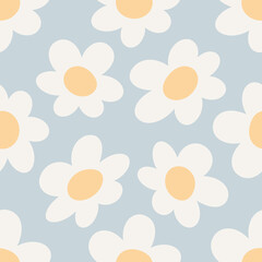 Seamless pattern with retro style white daisy flowers decoration on pastel blue background - 595089962