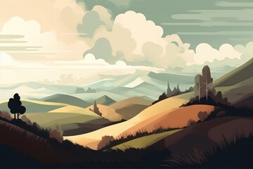 A serene mountain and hills landscape depicted in a minimalist illustration. Soft and muted colors. Generative AI
