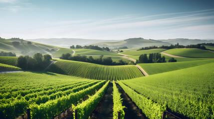 Fototapeta na wymiar Sweeping image of rolling hills covered in vineyards, showcasing the vibrant green landscape, with rows of grapevines stretching into the distance under a clear blue sky