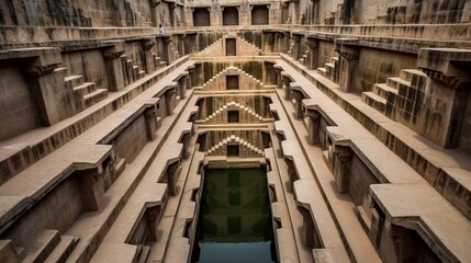 インド・ジャイプールの古代インドの階段井戸、インド・ラジャスタン州ジャイプールのアバネリ・バオリ階段井戸の階段の建築物GenerativeAI