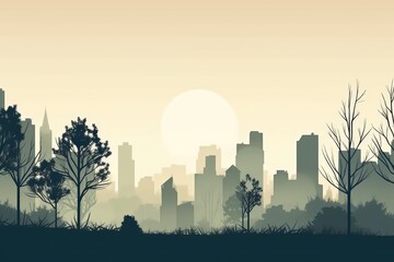 A landscape with a city skyline behind it, consisting of a quiet park and trees depicted in a minimalist illustration. Soft and muted colors. Generative AI.