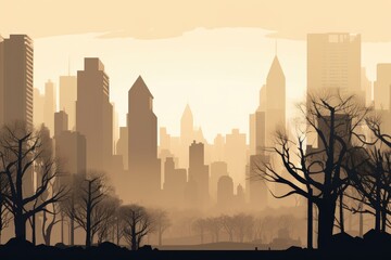 A landscape with a city skyline behind it, consisting of a quiet park and trees depicted in a minimalist illustration. Soft and muted colors. Generative AI.