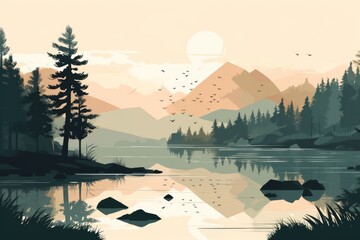 A serene mountain lake landscape depicted in a minimalist illustration. Soft and muted colors. Generative AI