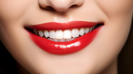Fototapeta premium a beautiful smile with beautiful teeth but one of the front teeth is chipped, red lipstick on lips
