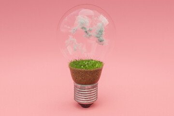 single lightbulb with green soil and clouds; renewable clean energy concept; 3D Illustration