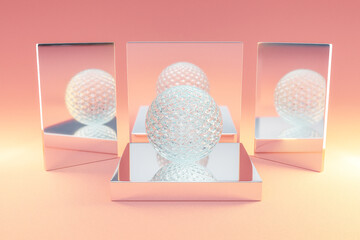 silver metal podium with glas crystal sphere ball on infinite background; pedestal for beauty, cosmetic product presentation. copy space template, 3D Illustration