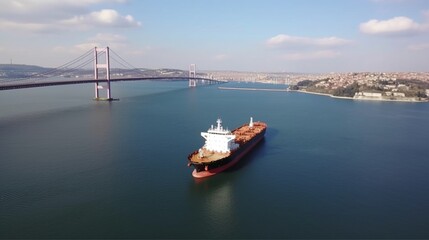 トルコ・イスタンブールのボスポラス海峡を通過するタンカー船とボスポラス橋、ヨーロッパとアジアを結ぶボスポラス海峡、トルコ・イスタンブールでのタンカー船GenerativeAI