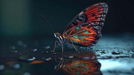 Fototapeta na wymiar Butterfly on a reflective surface created using generative AI tools