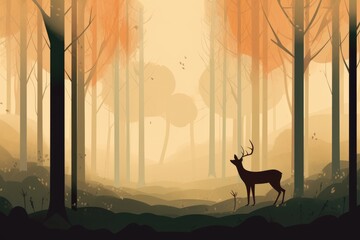 Deer silhouette and forest landscape in a minimalist illustration. Soft and muted colors. Generative AI