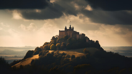 Obraz premium Majestic view of an ancient castle atop a hill, with the imposing structure silhouetted against a dramatic sky, and the surrounding countryside bathed in soft, golden light