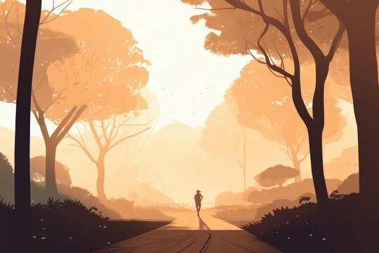Landscape of running woman and tree depicted in a minimalist illustration. Soft and muted colors. Generative AI