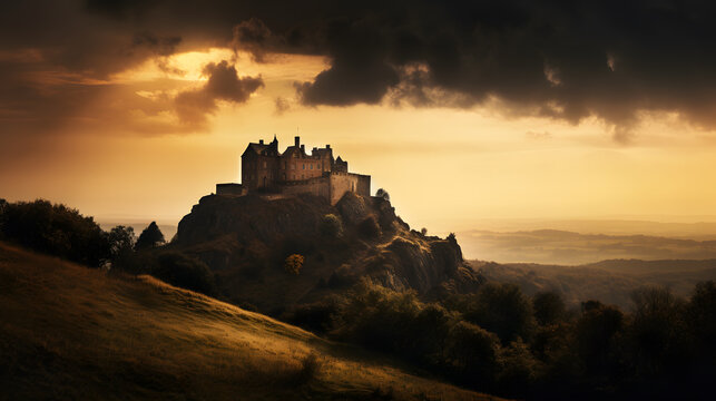 Majestic view of an ancient castle atop a hill, with the imposing structure silhouetted against a dramatic sky, and the surrounding countryside bathed in soft, golden light