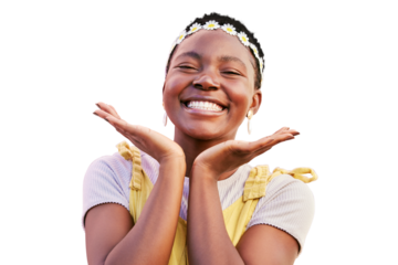 Smile, flower or crown portrait of a woman isolated on a transparent, png background. Natural beauty, happy and hands on face of an African girl with a excited glow and happiness for spring flowers