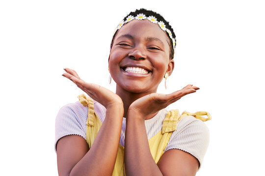 Smile, flower or crown portrait of a woman isolated on a transparent, png background. Natural beauty, happy and hands on face of an African girl with a excited glow and happiness for spring flowers