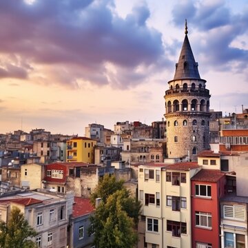 イスタンブールのガラタ塔、ガラタ塔のある美しいランドマーク、ベヨグル地区の古い家々、トルコ、ガラタ塔のあるトルコのイスタンブールの街並み、トルコ、イスタンブールGenerativeAI