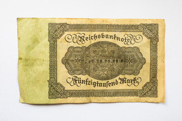 Fünfzigtausend Mark (fifty thousand Mark) banknote from the hyperinflation in November 1922....