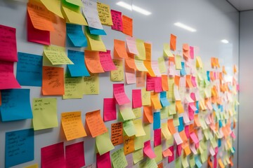 Planning. Sticky notes on the wall. Business planning. Generative AI
