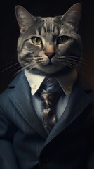 Cat wearing a business suit. Studio portrait created using generative AI tools