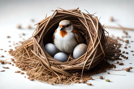 little bird in its nest with its eggs, Generative AI