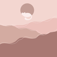 Abstract landscape poster. Sun, mountains, cat. Japanese style. Modern layouts, trendy colors. Nature wall decor contemporary art print, mid century mountain background.