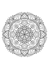 Celestial mandala adult coloring book page, Abstract ornate mandala with space elements, rockets, stars, planets, and moon.