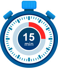  Icona  del cronometro di 15 minuti. Icona cronometro in stile piatto, timer su sfondo a colori. Illustrazione - obrazy, fototapety, plakaty