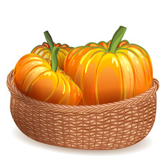 Wicker basket made of wicker with beautiful bright flowers, an element of the autumn holidays of Halloween and Thanksgiving, for the design of cards, congratulations, posters