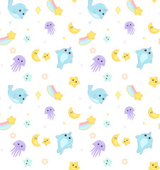 Cute cheerful kawaii cartoon background with the image of emotionally charming jellyfish, moon, stars, narwhal, fabulous children's wallpaper, wrapper