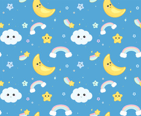 Naklejka na ściany i meble Cute cheerful kawaii cartoon background with the image of emotional charming moons, stars, rainbows, comets, fabulous children's wallpaper, wrapper