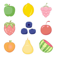 Cute set of kawaii edible fruits, berries, sour lemon citrus, ripe watermelon, cherry, strawberry, apple, peach, pear, blueberry in cartoon style, childish elements 